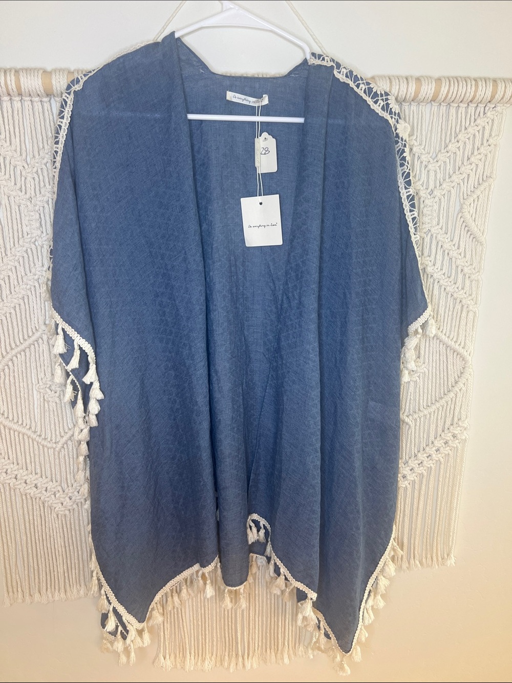 Do everything in love Denim Blue Tassel-Trim Kimono Shawl with Cream Fringes